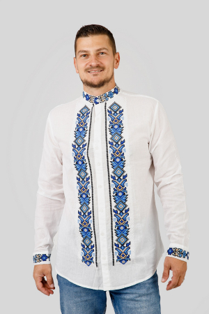 Camasa barbateasca traditionala alba cu motiv geometric albastru Ovidiu 01 [3]