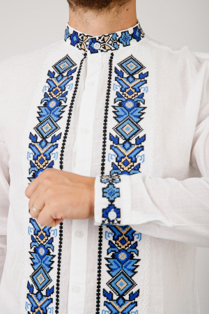 Camasa barbateasca traditionala alba cu motiv geometric albastru Ovidiu 01 [1]