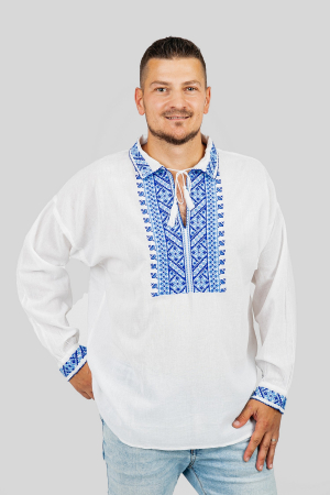 Camasa barbateasca traditionala alba cu motiv geometric albastru Pavel 02 [4]
