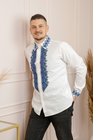 Camasa barbateasca traditionala alba cu motiv geometric albastru Petru 08 [2]