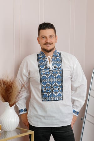 Camasi barbatesti - Camasa barbateasca traditionala alba cu motiv geometric albastru Rares