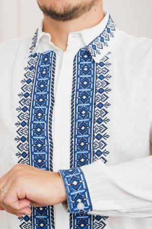 Camasa barbateasca traditionala alba cu motiv geometric albastru Razvan 02 [1]