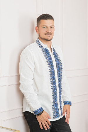 Camasa barbateasca traditionala alba cu motiv geometric albastru Razvan 02 [2]