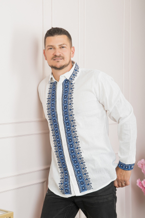 Camasa barbateasca traditionala alba cu motiv geometric albastru Razvan 02 [3]