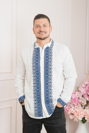 Camasa barbateasca traditionala alba cu motiv geometric albastru Razvan 02 [0]