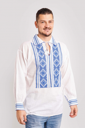 Camasa barbateasca traditionala alba cu motiv geometric albastru Serban [0]