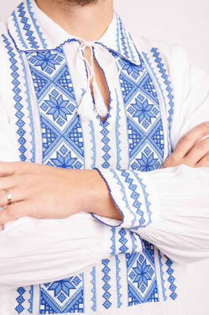 Camasa barbateasca traditionala alba cu motiv geometric albastru Serban [1]
