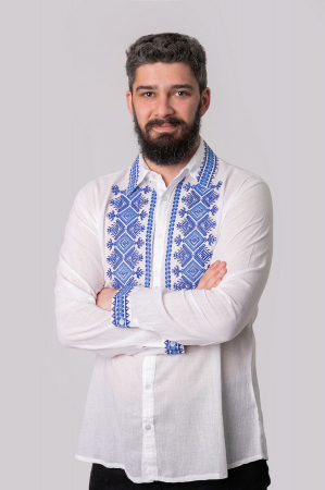 Camasi barbatesti - Camasa barbateasca traditionala alba cu motiv geometric albastru Ivan 02