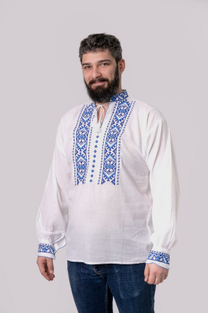 Camasa barbateasca traditionala alba cu motiv geometric albastru Carol 02 [3]