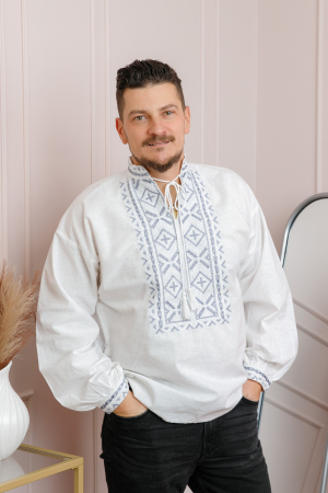 Camasi barbatesti - Camasa barbateasca traditionala alba cu motiv geometric argintiu Silviu 01