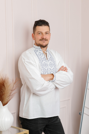 Camasa barbateasca traditionala alba cu motiv geometric argintiu Silviu 01 [2]