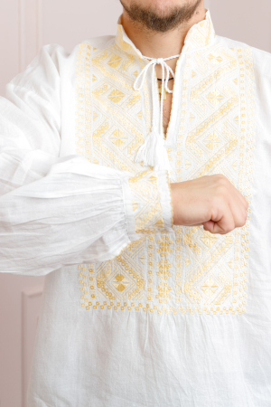 Camasa barbateasca traditionala alba cu motiv geometric auriu Sebastian 02 [1]