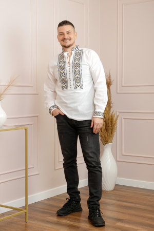 Camasa barbateasca traditionala alba cu motiv geometric crem Carol 03 [3]