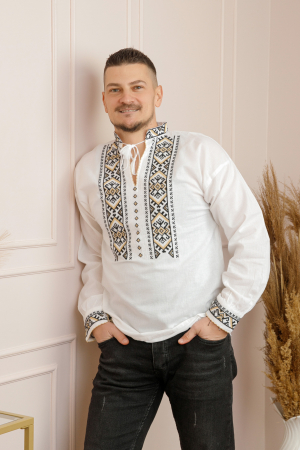 Camasi barbatesti - Camasa barbateasca traditionala alba cu motiv geometric crem Carol 03