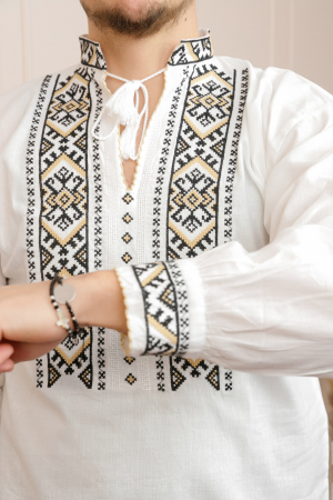 Camasa barbateasca traditionala alba cu motiv geometric crem Carol 03 [1]