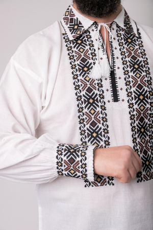 Camasa barbateasca traditionala alba cu motiv geometric maro Arthur [1]