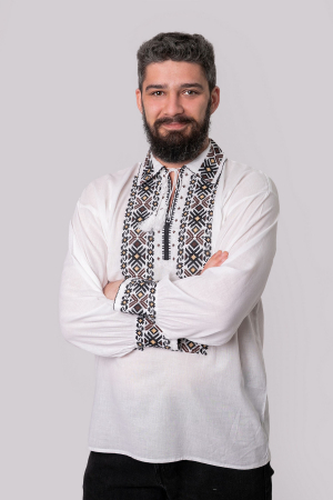 Camasa barbateasca traditionala alba cu motiv geometric maro Arthur [0]