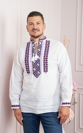 Camasi barbatesti - Camasa barbateasca traditionala alba cu motiv geometric mov Valentin