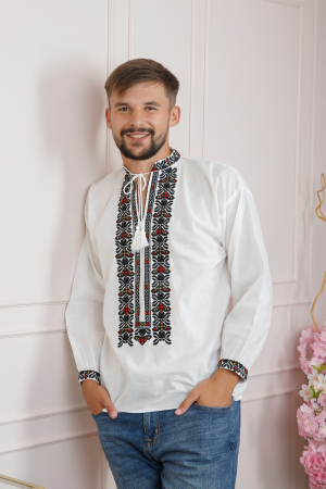 Camasi barbatesti - Camasa barbateasca traditionala alba cu motiv geometric multicolor Damian