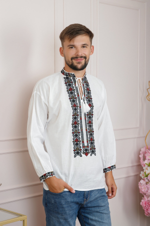 Camasa barbateasca traditionala alba cu motiv geometric multicolor Damian [3]