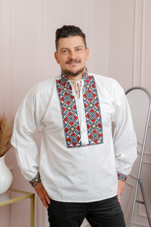 Camasi barbatesti - Camasa barbateasca traditionala alba cu motiv geometric multicolor Daniel