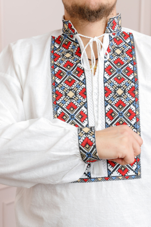 Camasa barbateasca traditionala alba cu motiv geometric multicolor Daniel [1]