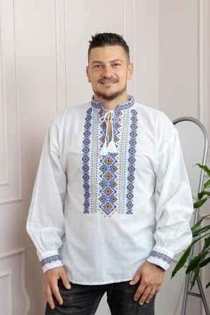 Camasi barbatesti - Camasa barbateasca traditionala alba cu motiv geometric multicolor Eric