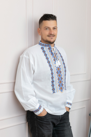 Camasa barbateasca traditionala alba cu motiv geometric multicolor Eric [2]