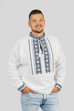 Camasa barbateasca traditionala alba cu motiv geometric albastru Luca 01 [3]
