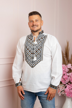 Camasi barbatesti - Camasa barbateasca traditionala alba cu motiv geometric multicolor Mihai