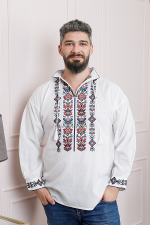 Camasa barbateasca traditionala alba cu motiv geometric multicolor Ovidiu 04 [3]