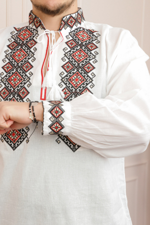 Camasa barbateasca traditionala alba cu motiv geometric multicolor Stefan [1]