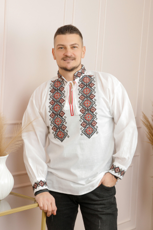 Camasi barbatesti - Camasa barbateasca traditionala alba cu motiv geometric multicolor Stefan