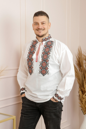Camasa barbateasca traditionala alba cu motiv geometric multicolor Stefan [2]