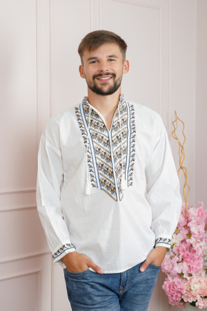 Camasa barbateasca traditionala alba cu motiv geometric multicolor Victor [3]