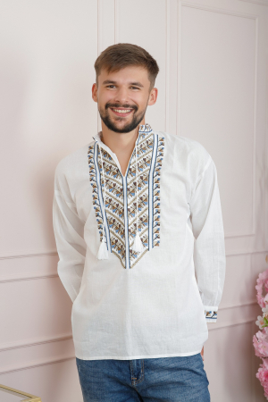 Camasa barbateasca traditionala alba cu motiv geometric multicolor Victor [0]