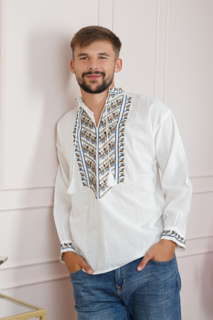 Camasa barbateasca traditionala alba cu motiv geometric multicolor Victor [2]