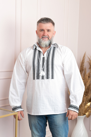 Camasa barbateasca traditionala alba cu motiv geometric negru Adrian [3]