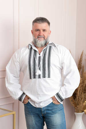Camasi barbatesti - Camasa barbateasca traditionala alba cu motiv geometric negru Adrian