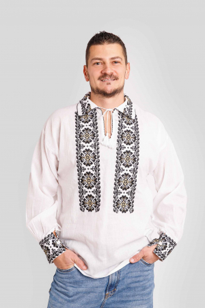 Camasa barbateasca traditionala alba cu motiv geometric negru Cornel [0]