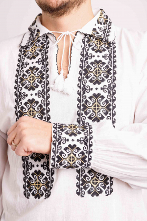 Camasa barbateasca traditionala alba cu motiv geometric negru Cornel [1]