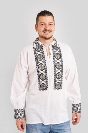 Camasa barbateasca traditionala alba cu motiv geometric negru Cornel [3]