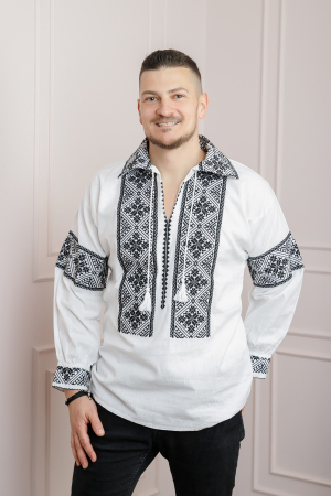 Camasi barbatesti - Camasa barbateasca traditionala alba cu motiv geometric negru Marcel