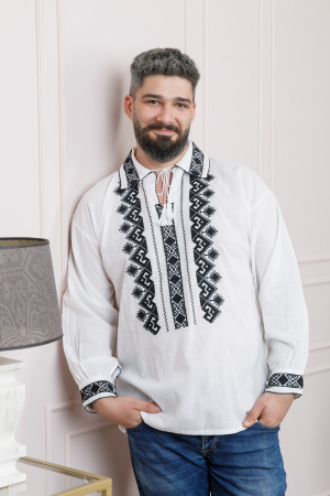 Camasa barbateasca traditionala alba cu motiv geometric negru Petru 01 [3]