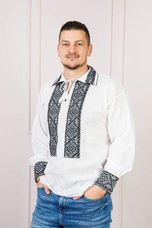 Camasa barbateasca traditionala alba cu motiv geometric negru Toma 03 [0]