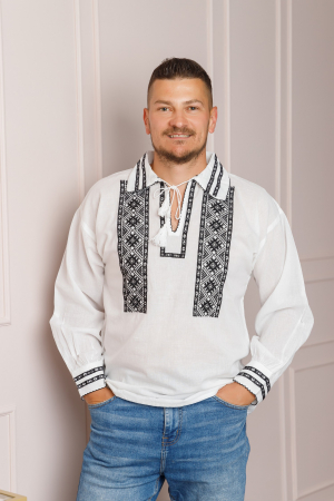 Camasi barbatesti - Camasa barbateasca traditionala alba cu motiv geometric negru Traian