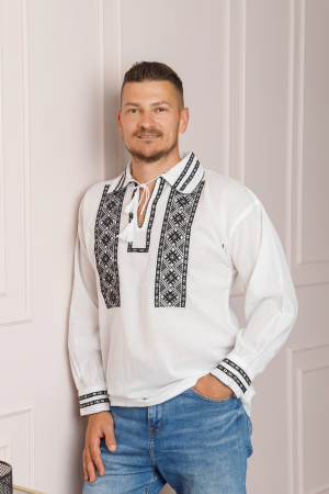 Camasa barbateasca traditionala alba cu motiv geometric negru Traian [2]