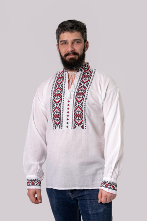 Camasa barbateasca traditionala alba cu motiv geometric rosu Carol 01 [3]