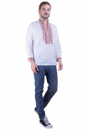 Camasa barbateasca traditionala alba cu motiv geometric rosu Claudiu [1]