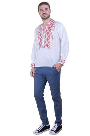 Camasa barbateasca traditionala alba cu motiv geometric rosu Cosmin [3]